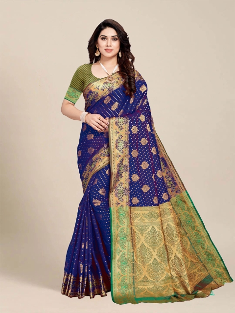 

MS RETAIL Navy Blue & Green Ethnic Motifs Zari Silk Blend Banarasi Saree