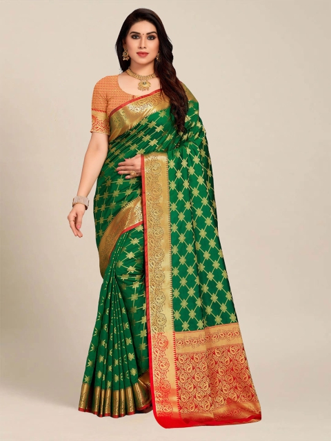 

MS RETAIL Green & Red Paisley Zari Silk Blend Banarasi Saree