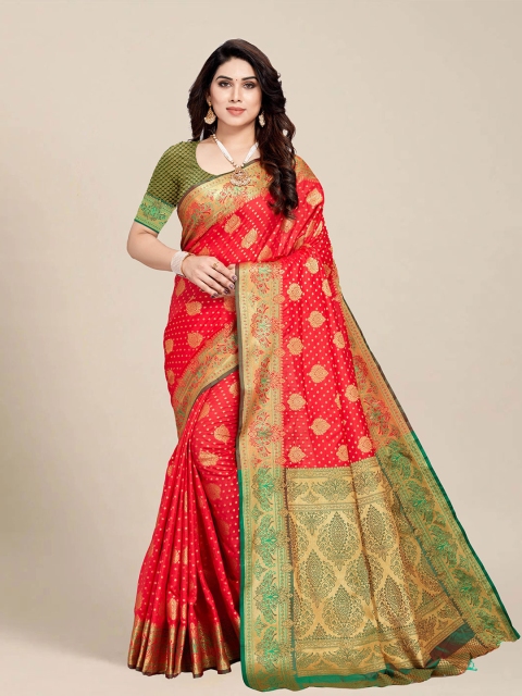 

MS RETAIL Red & Green Ethnic Motifs Zari Silk Blend Banarasi Saree