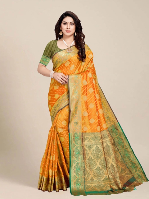 

MS RETAIL Mustard & Green Ethnic Motifs Zari Silk Blend Banarasi Saree