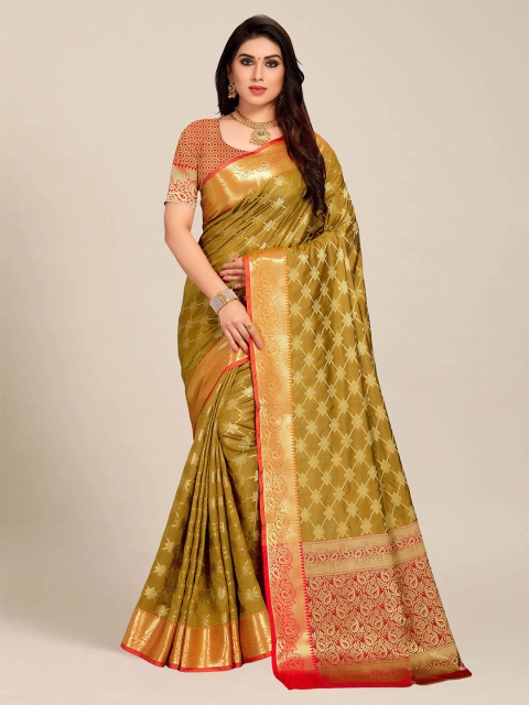 

MS RETAIL Gold-Toned & Red Paisley Zari Silk Blend Banarasi Saree