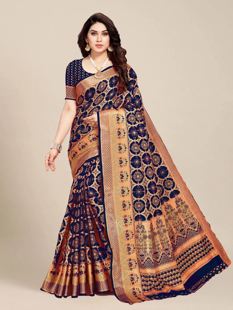 

MS RETAIL Navy Blue & Green Ethnic Motifs Zari Silk Blend Banarasi Saree