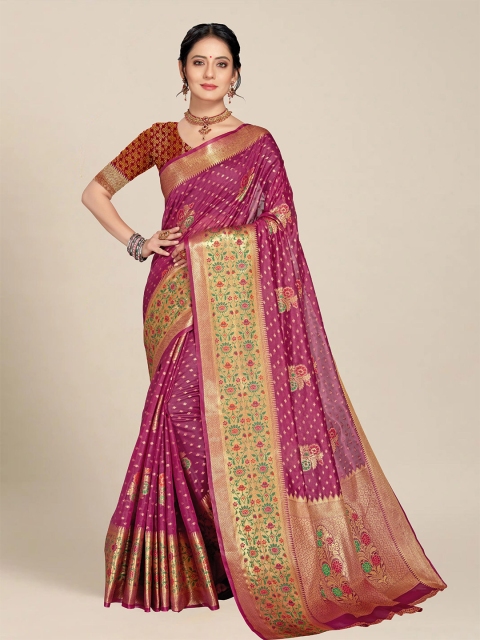 

MS RETAIL Magenta & Green Ethnic Motifs Zari Organza Banarasi Saree