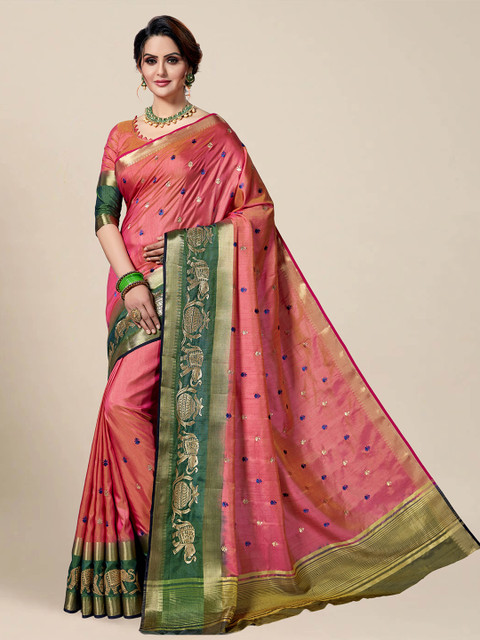 

MS RETAIL Pink & Green Floral Zari Kanjeevaram Saree