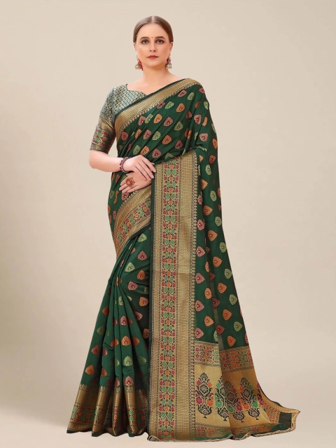 

MS RETAIL Sea Green & Violet Ethnic Motifs Zari Silk Blend Banarasi Saree