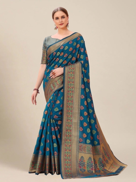 

MS RETAIL Teal & Green Ethnic Motifs Zari Silk Blend Banarasi Saree