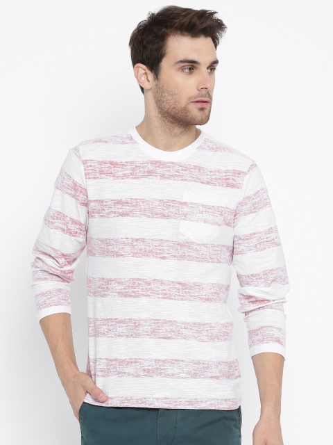 

HERE&NOW Men White & Maroon Striped Round Neck T-shirt