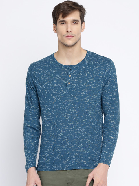 

HERE&NOW Men Teal Blue Self Design Henley Neck T-shirt