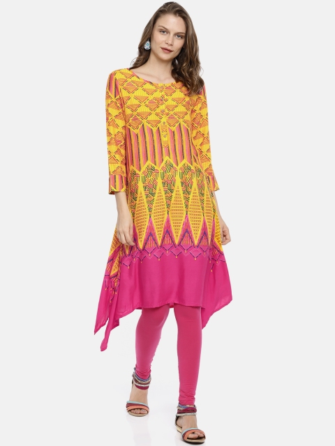 

Global Desi Women Yellow & Pink Printed Asymmetrical Hem A-Line Kurta