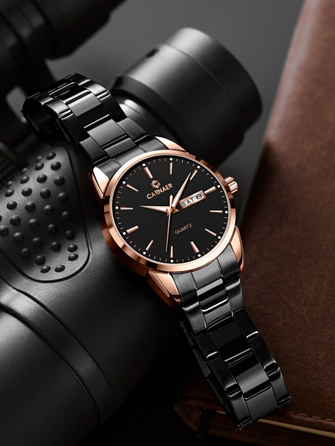 

Carnaer Men Rose Gold-Toned Dial & Black Stainless Steel Bracelet Style Straps Analogue Watch