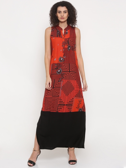 

Global Desi Women Orange & Black Printed Maxi Dress