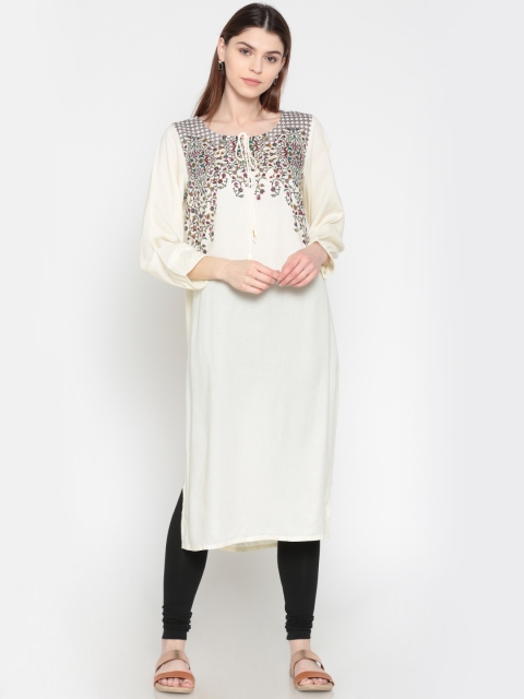 

AURELIA Women Cream-Coloured Printed Straight Kurta