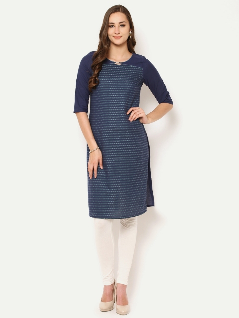

AURELIA Women Navy & Sea Green Woven Design Straight Kurta, Navy blue