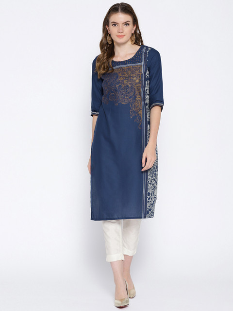 

AURELIA Women Navy Printed Straight Kurta, Navy blue