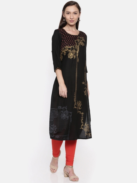 

AURELIA Women Black Printed Straight Kurta