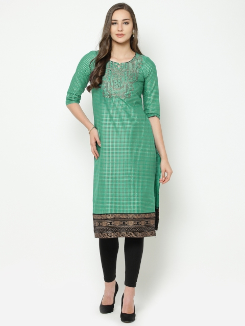 

AURELIA Women Green & Golden Checked Straight Kurta