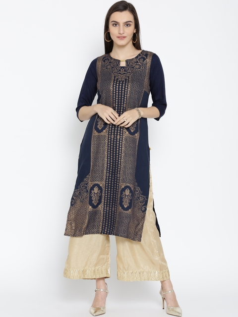 

AURELIA Women Navy Printed Straight Kurta, Navy blue