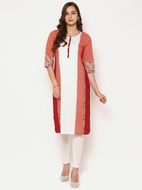 

AURELIA Women Orange & White Printed Straight Kurta