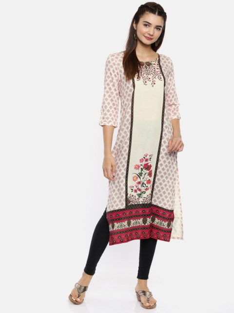 

AURELIA Women Off-White & Pink Printed Straight Kurta