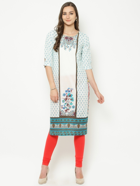 

AURELIA Women White & Green Printed Straight Kurta