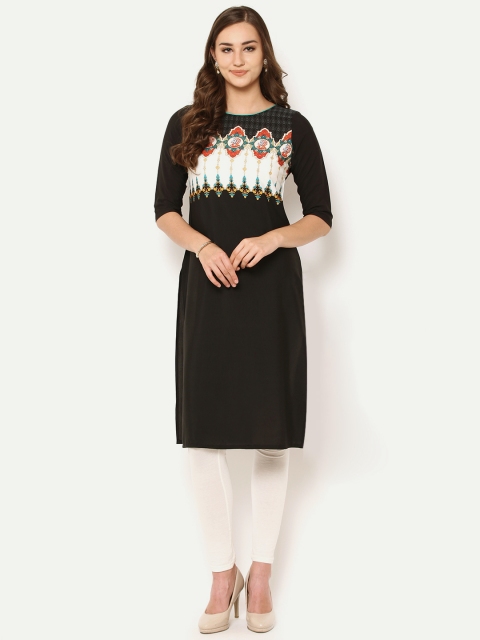 

AURELIA Women Black Printed Straight Kurta