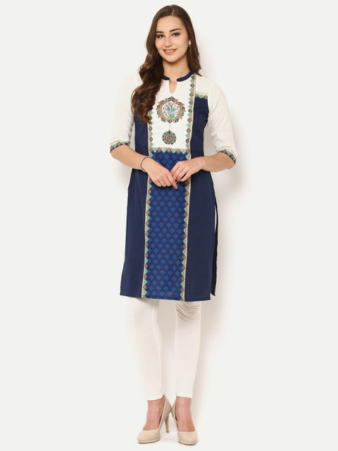 

AURELIA Women Navy & White Printed Straight Kurta, Navy blue
