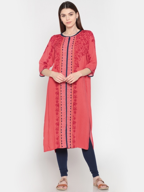 

AURELIA Women Coral Red Printed Straight Kurta