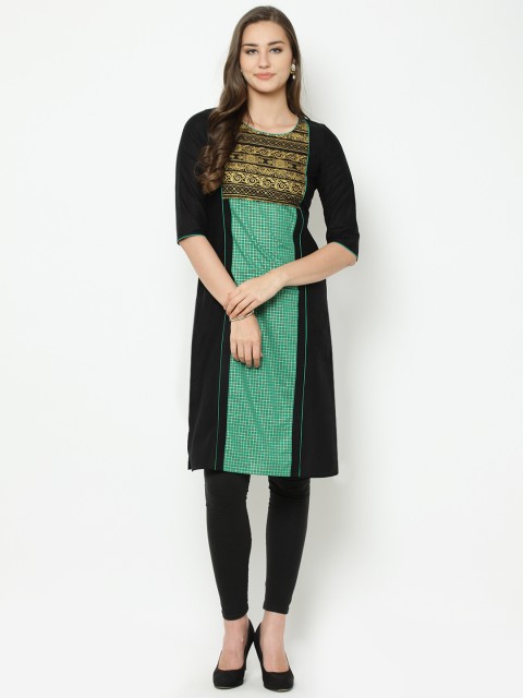 

AURELIA Women Black & Green Checked Straight Kurta