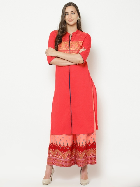 

AURELIA Women Coral Orange Yoke Design Straight Kurta