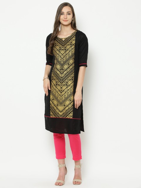 

AURELIA Women Black Printed Straight Kurta