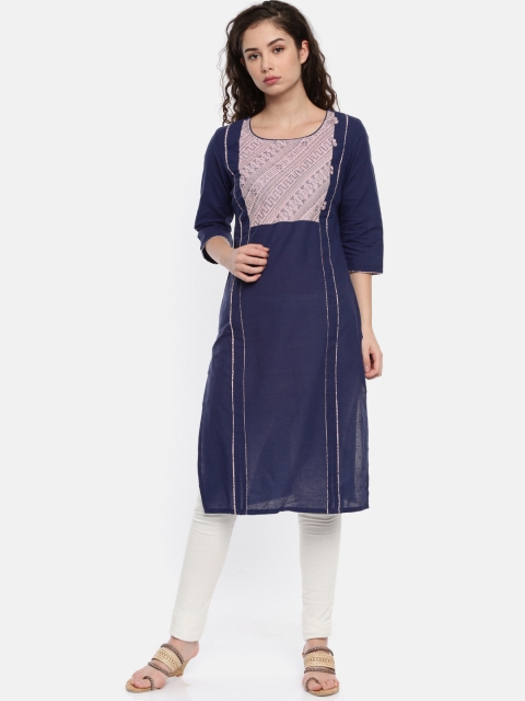 

AURELIA Women Navy Woven Design Straight Kurta, Navy blue