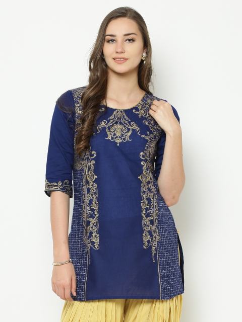 

AURELIA Navy Printed Pure Cotton Kurti, Navy blue