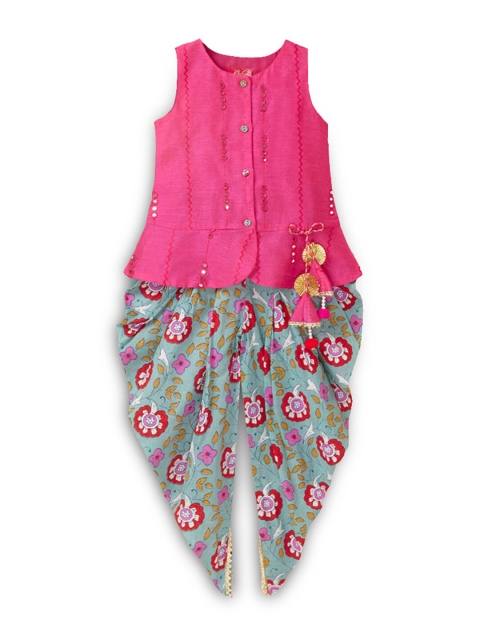 

Hopscotch Girls Pink Floral Pure Cotton Top with Dhoti Pants