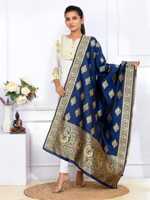

Kesarya Women Navy Blue & Gold Ethnic Motifs Woven Design Pure Silk Dupatta with Zari