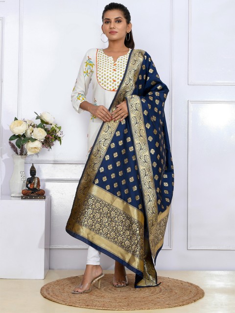 

Kesarya Women Navy Blue & Gold Ethnic Motifs Woven Design Pure Silk Dupatta with Zari