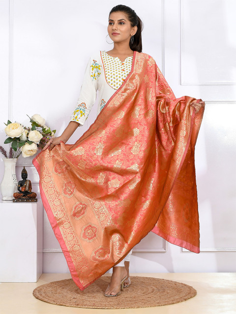 

Kesarya Women Peach& Gold-Toned Ethnic Motifs Woven Design Pure Silk Dupatta with Zari