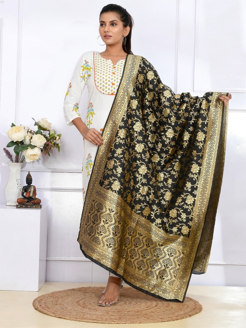 

Kesarya Women Black & Gold-Toned Woven Design Pure Silk Dupatta with Zari