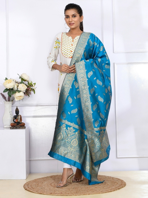 

Kesarya Women Teal & Gold-Toned Woven Design Pure Silk Dupatta with Zari