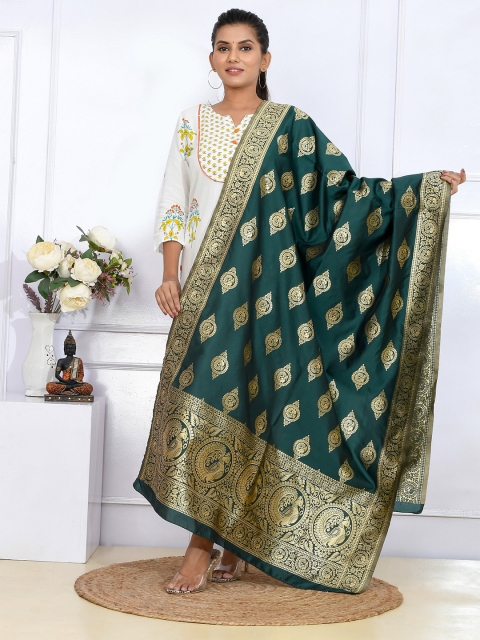 

Kesarya Women Gold-Toned & Teal Ethnic Motifs Woven Design Pure Silk Dupatta with Zari