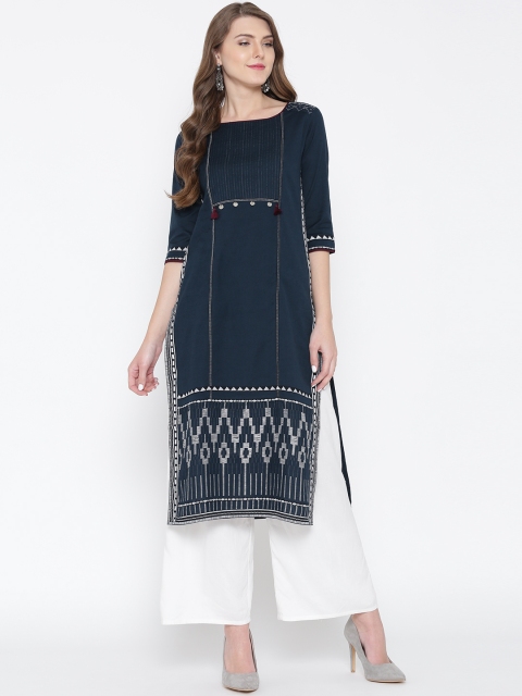 

W Women Navy Woven Design Straight Kurta, Navy blue