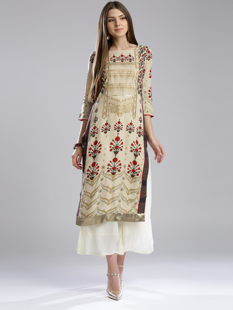 

W Women Beige & Red Printed Straight Kurta