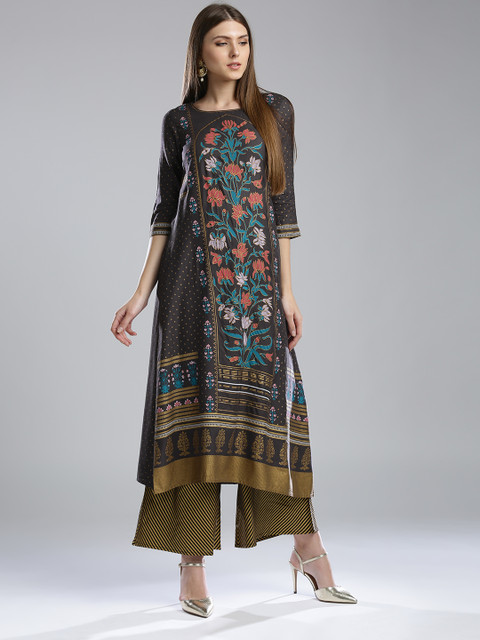 

W Women Grey Floral Printed A-Line Sustainable Kurta