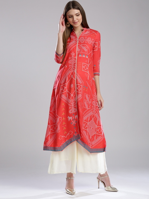 

W Women Peach-Coloured Printed Asymmetric A-Line Kurta