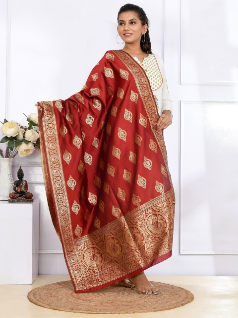 

Kesarya Women Maroon & Gold-Toned Ethnic Motifs Woven Design Pure Silk Dupatta with Zari