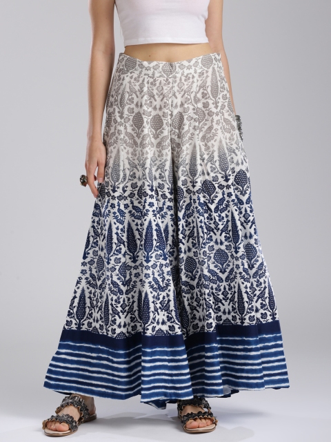 

W Women White & Navy Blue Printed Flared Palazzos