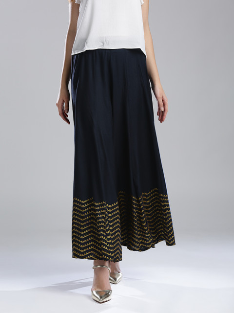 

W Women Navy Blue Flared Printed Palazzos