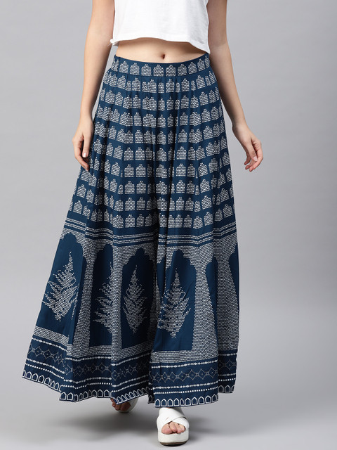 

W Navy & White Printed Maxi Flared Skirt, Navy blue