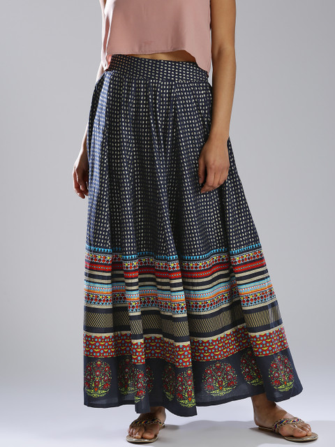

W Navy & Golden Shimmer Printed Maxi Flared Skirt, Navy blue