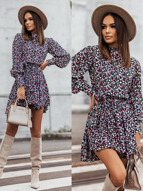 

BoStreet Women Black Abstract Printed Puff Sleeve Dress