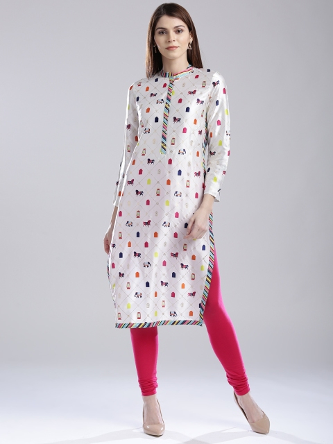 

W Women White & Pink Quirky Printed Straight Kurta